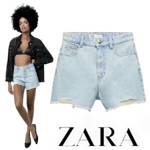 ZARA | Light Blue | HIGH RISE RIPPED HEM DENIM SHORTS